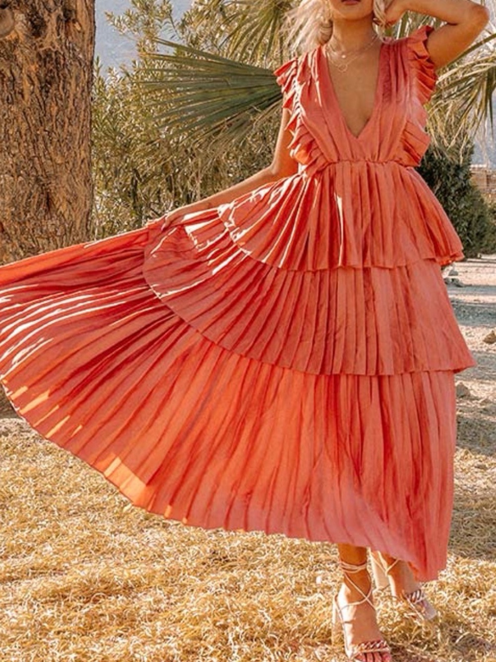 Strut & Bolt Pleated Layered Ruffle Dress 
Size Medium in Coral